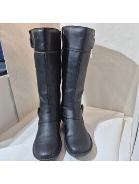 B.o.c Boots 8.5 Black Faux Leather Knee High Riding Flat Buckle Goth 15" Tall